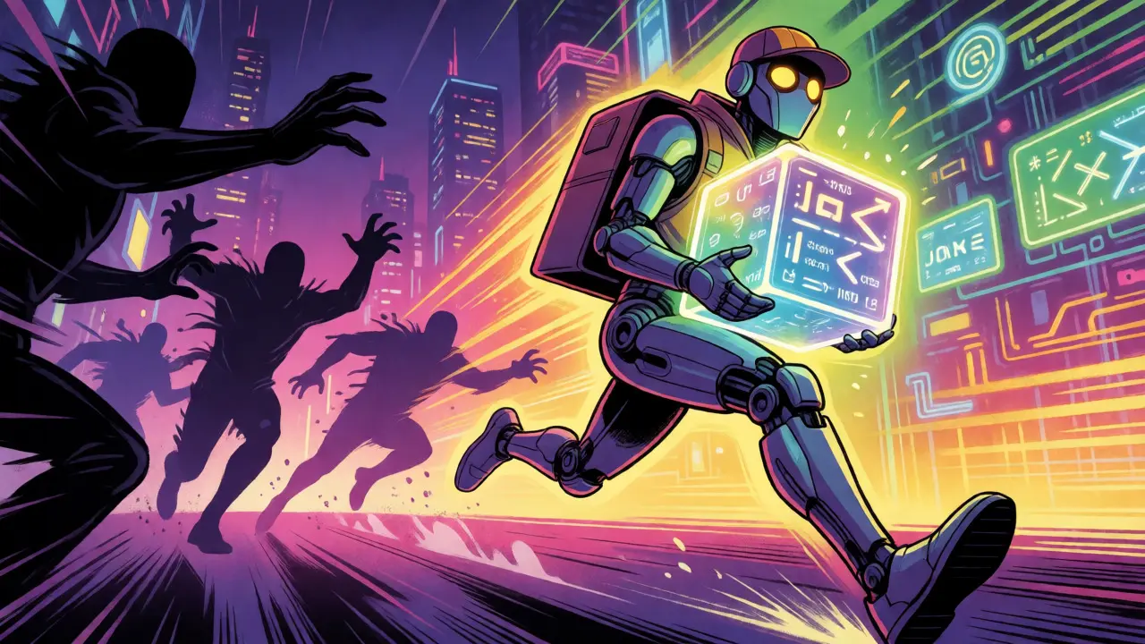 Robotic courier carrying glowing JSON cube through neon digital city