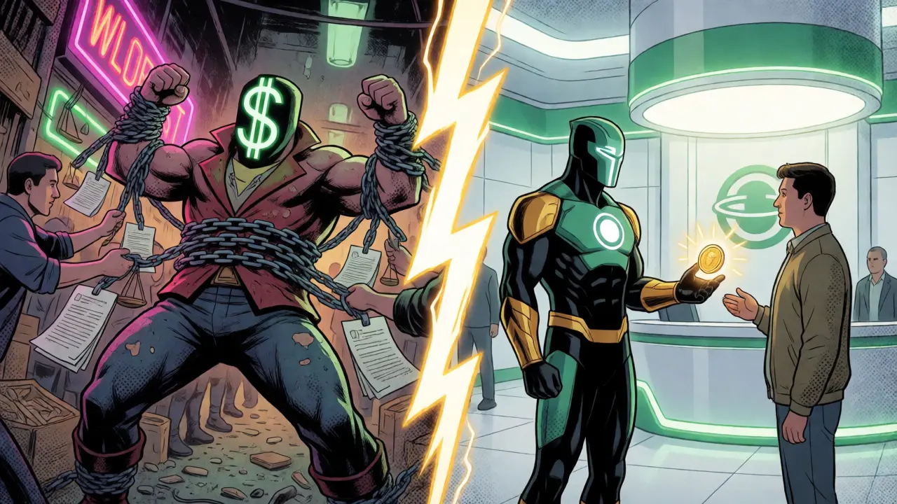 Split scene contrasting chaotic unregulated markets with orderly compliant banking.