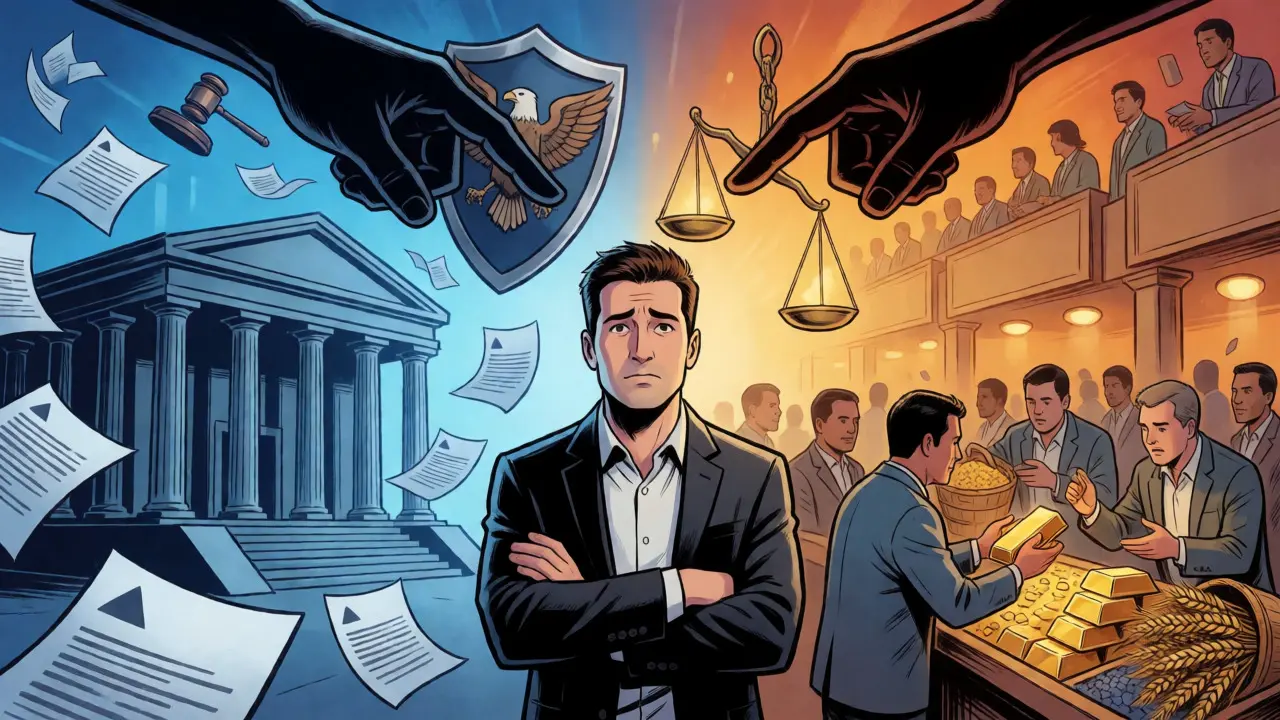 Split scene showing SEC legal pressure versus CFTC commodity markets confusing a crypto founder.