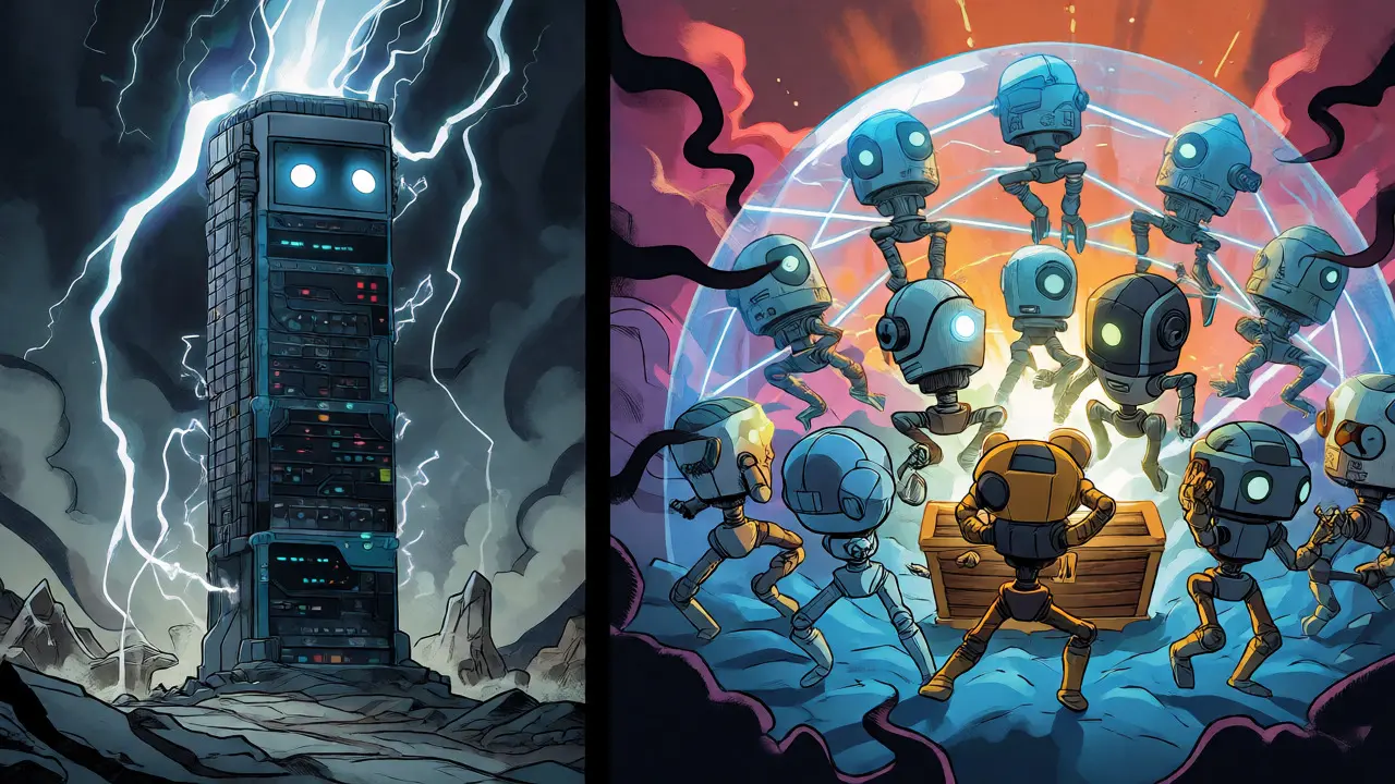 Split-screen comic art comparing a lone centralized server against a robust decentralized node network.