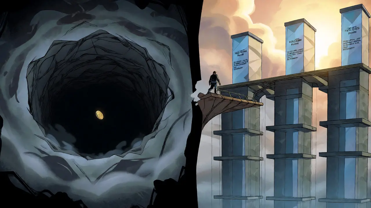 Split view comparing dark unknown Domitai abyss with bright secure exchange fortress.