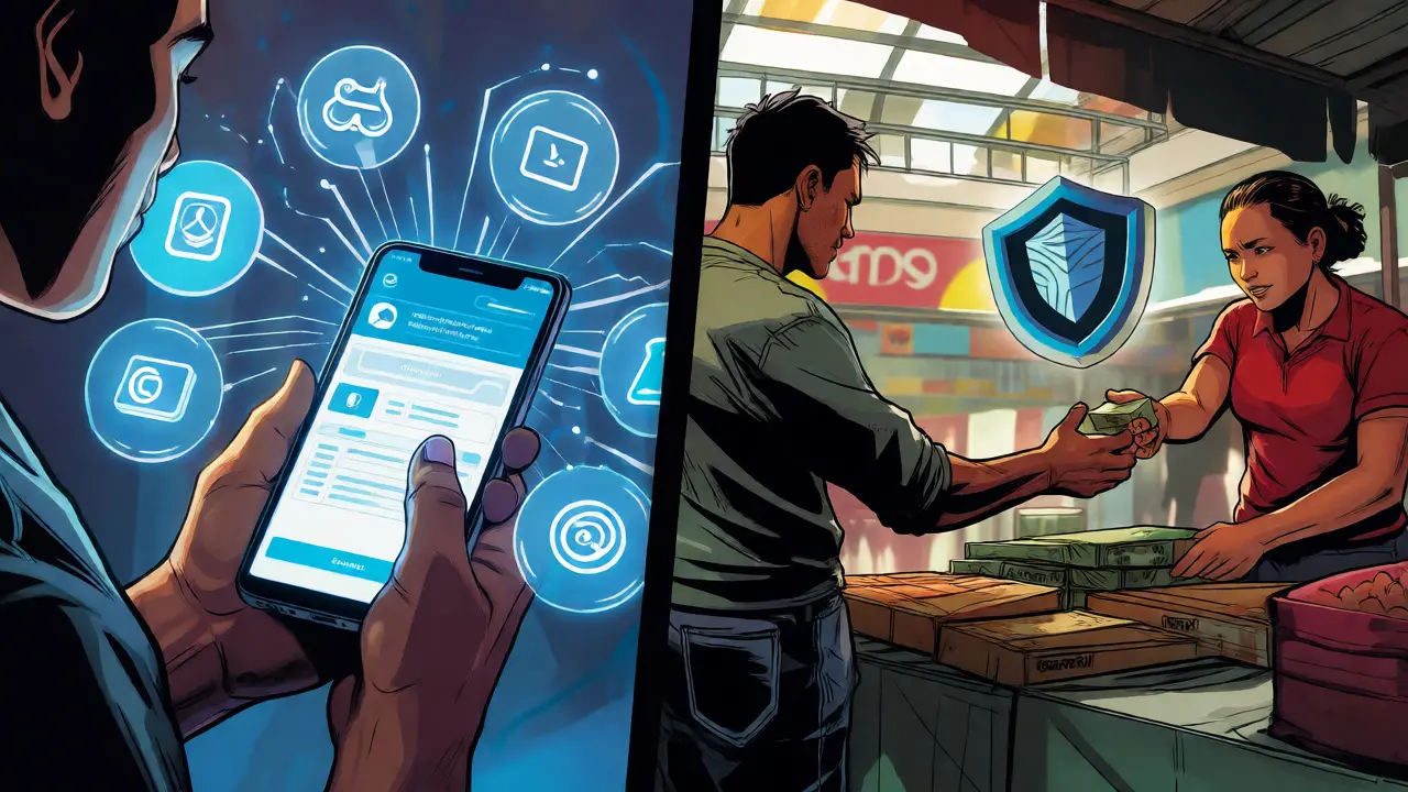 Split view of local app payments and P2P crypto trading in Colombia