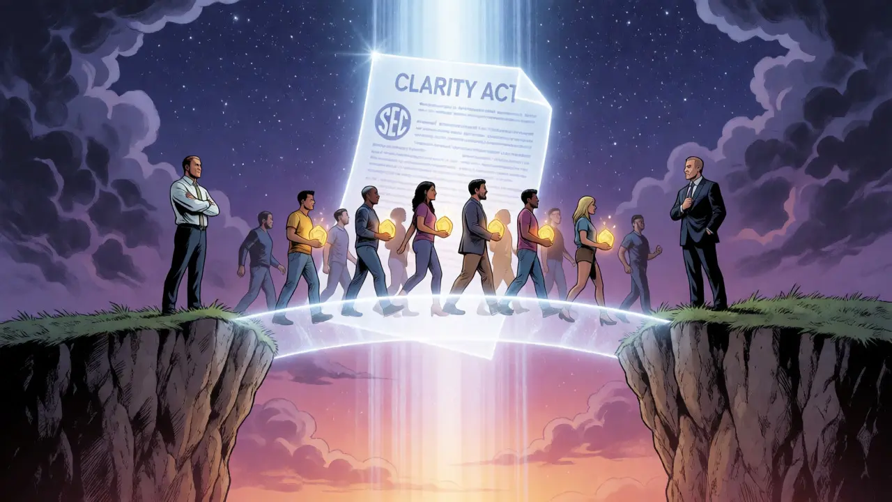 The CLARITY Act depicted as a bridge of light connecting SEC and CFTC territories for crypto firms.