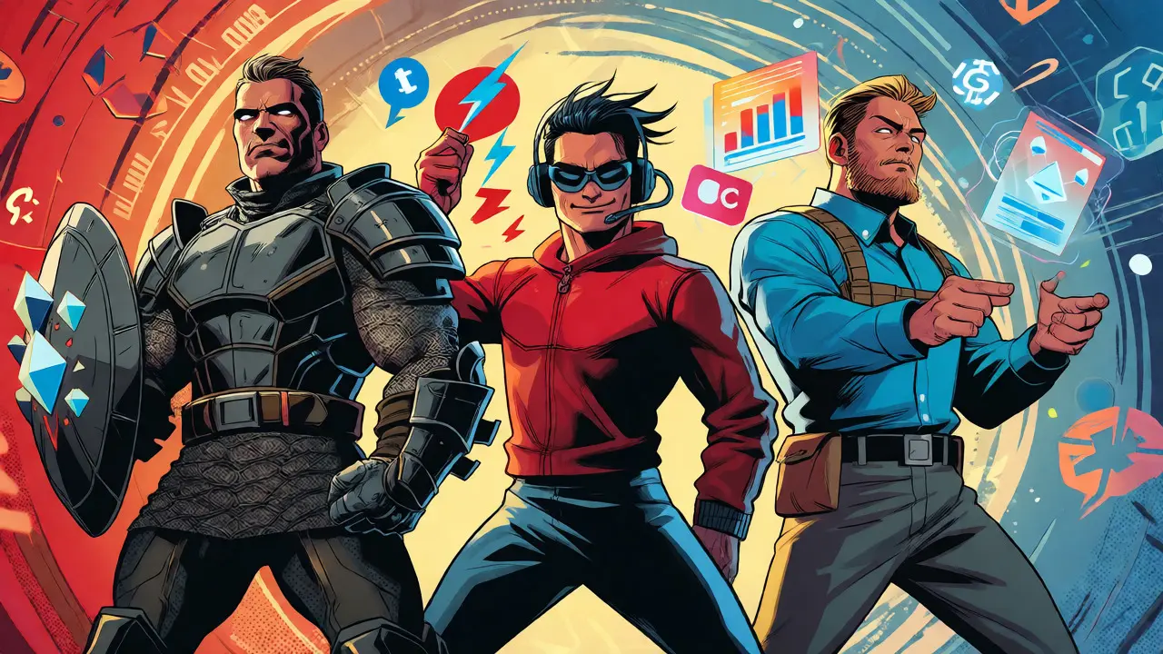 Three comic book heroes representing holder, social, and DeFi airdrop strategies
