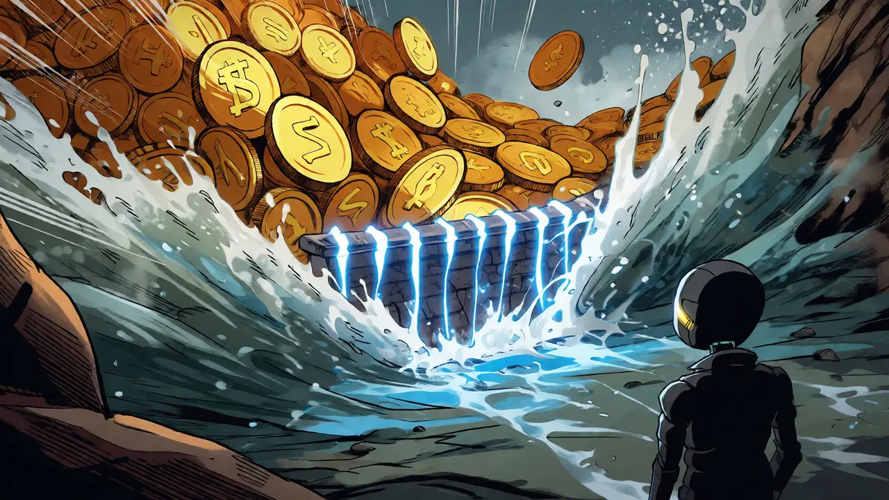 Tiny dam struggling against a massive wave of coins, symbolizing low liquidity.