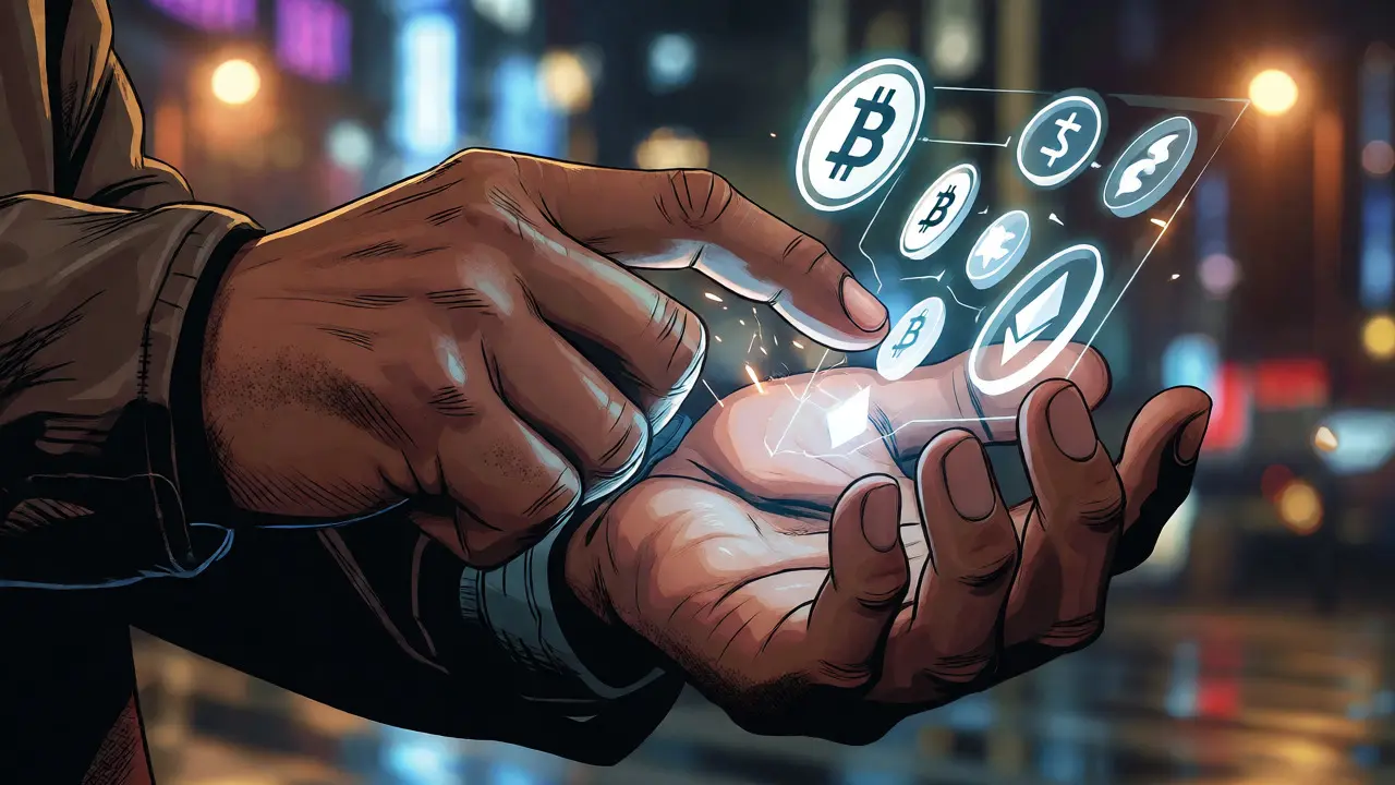 Trader's hands manipulating holographic cryptocurrency icons in a city