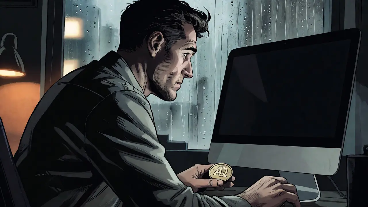 Trader holding a cracked AQ token staring at a blank screen in a dark room
