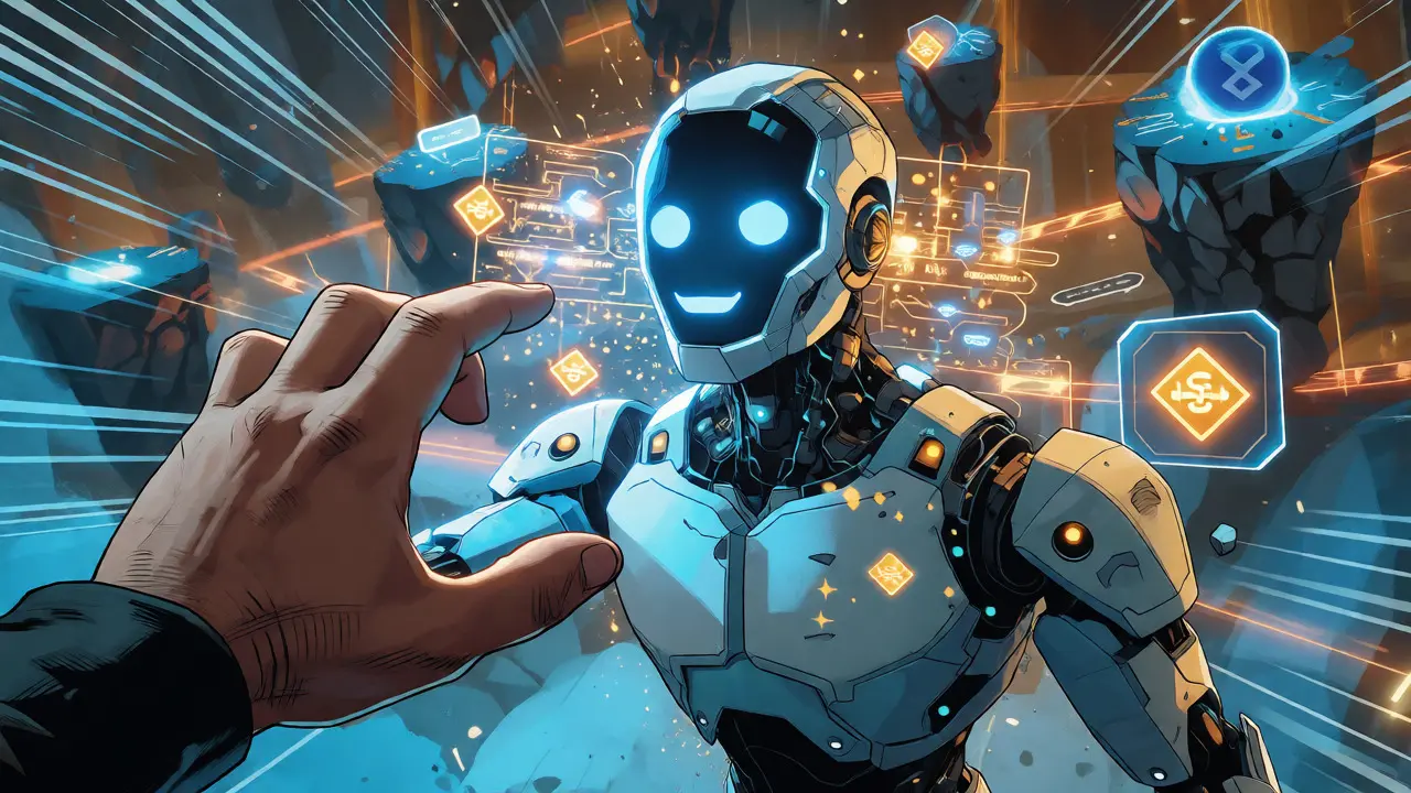 User interacting with a holographic chatbot interface automating complex DeFi transactions via Intents.