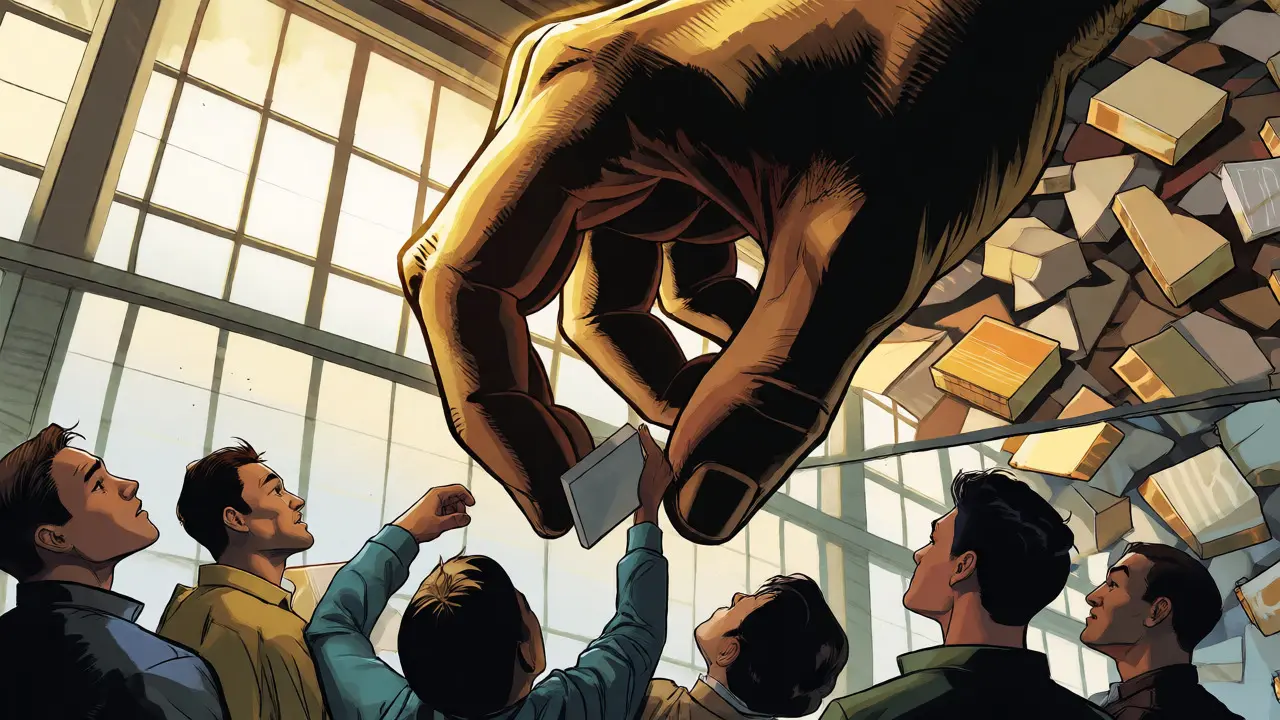 A large golden hand dominating small crypto users in a centralized governance scene.