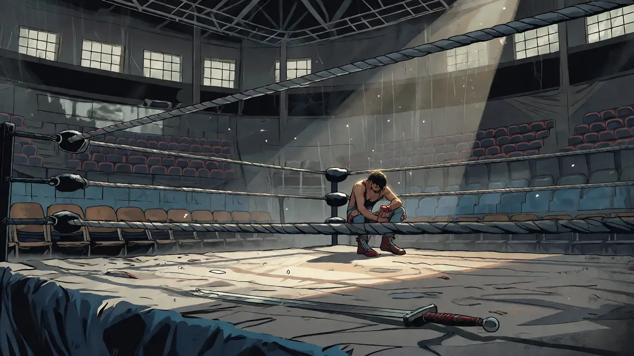 A lone wrestler sitting dejectedly in an empty, dusty wrestling arena.