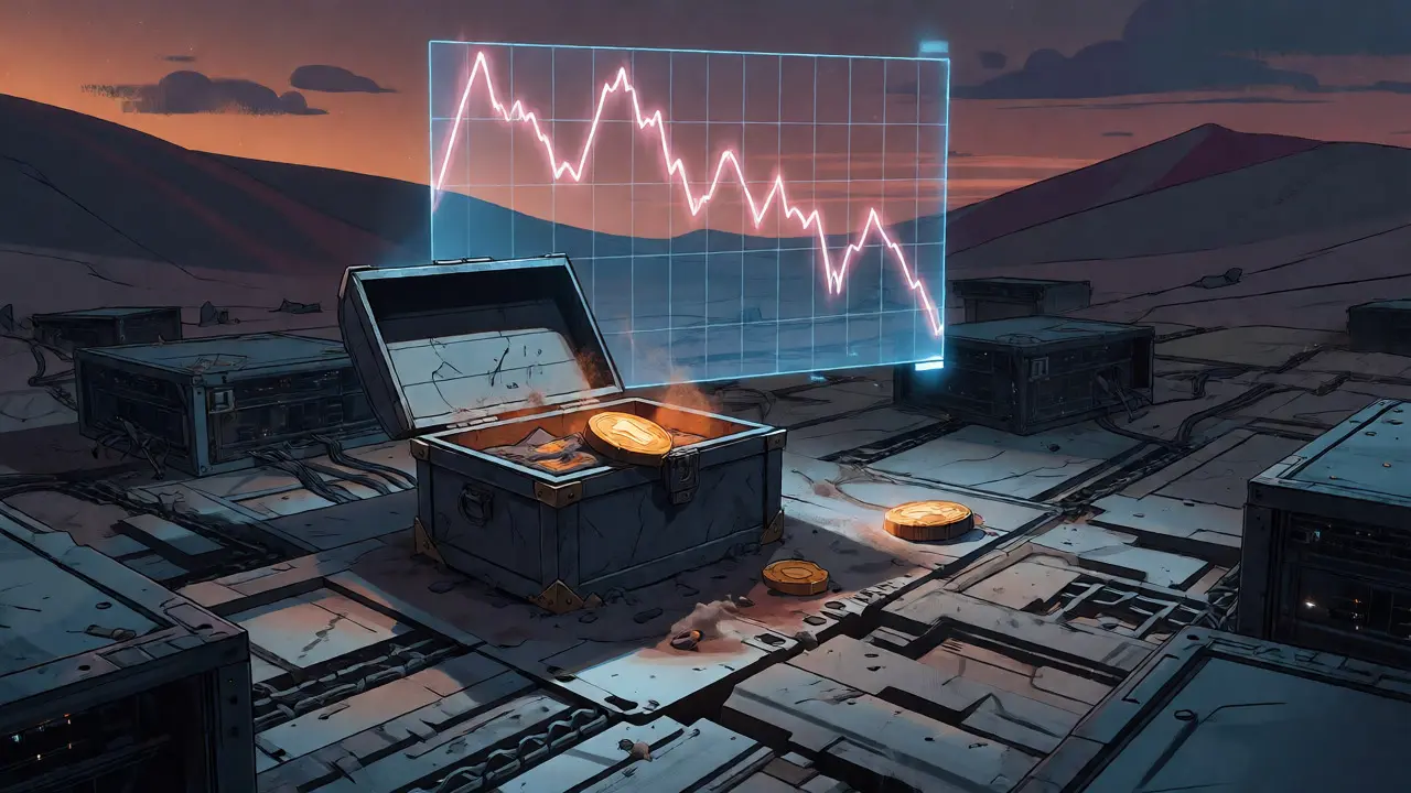 Abandoned crypto treasure chest in a circuit-board desert under a declining graph.