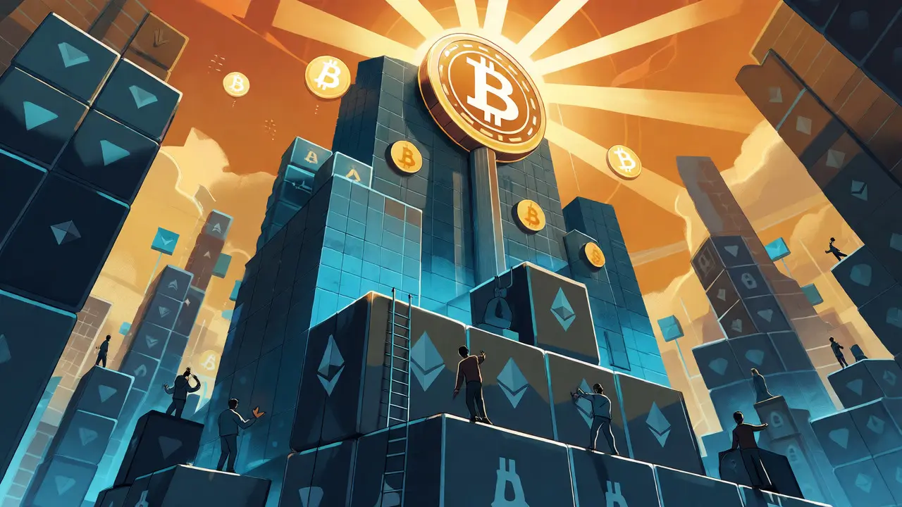 Abstract digital fortress built from crypto blocks rising above a city.