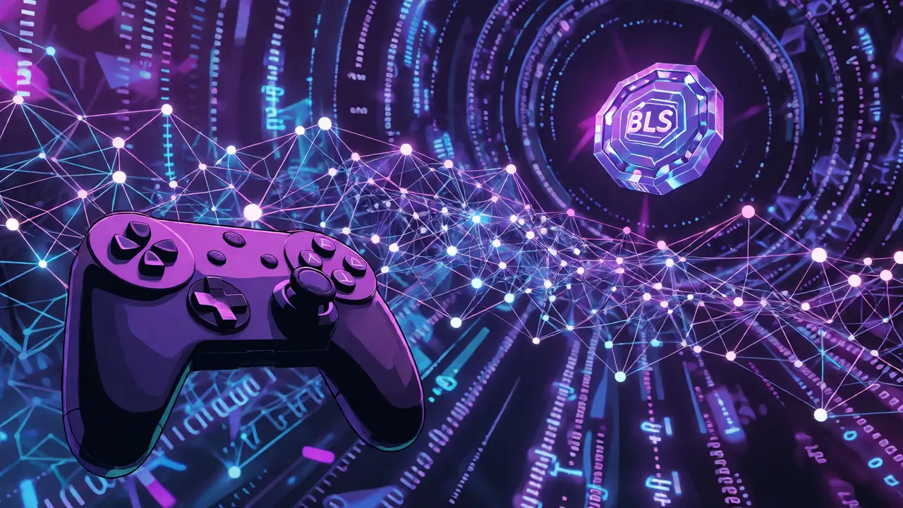 Abstract digital network connecting gaming tech to crypto tokens.
