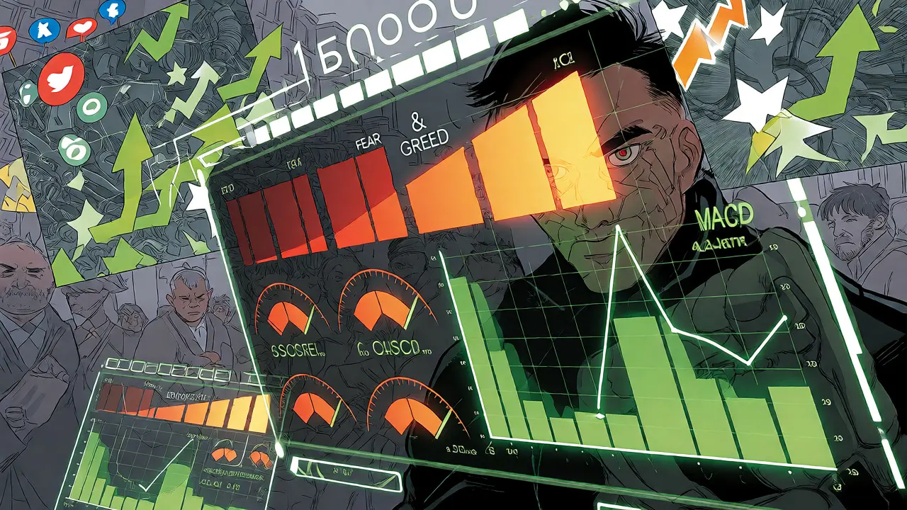 Analyst scanning holographic market indicators amid chaotic social media buzz.