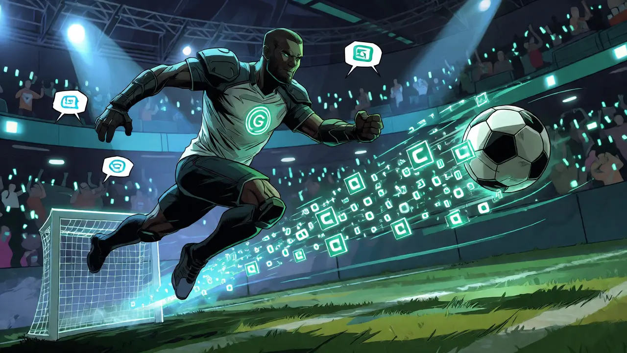 Armored football player in a digital metaverse kicking a ball that turns into blockchain code.