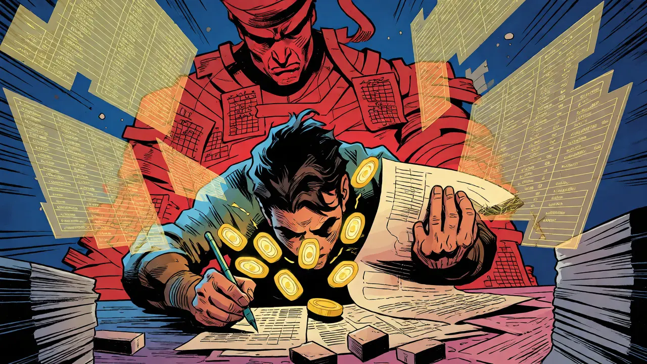 Character struggles with fragmented digital tax records and bureaucratic villains in a Marvel-style comic panel.