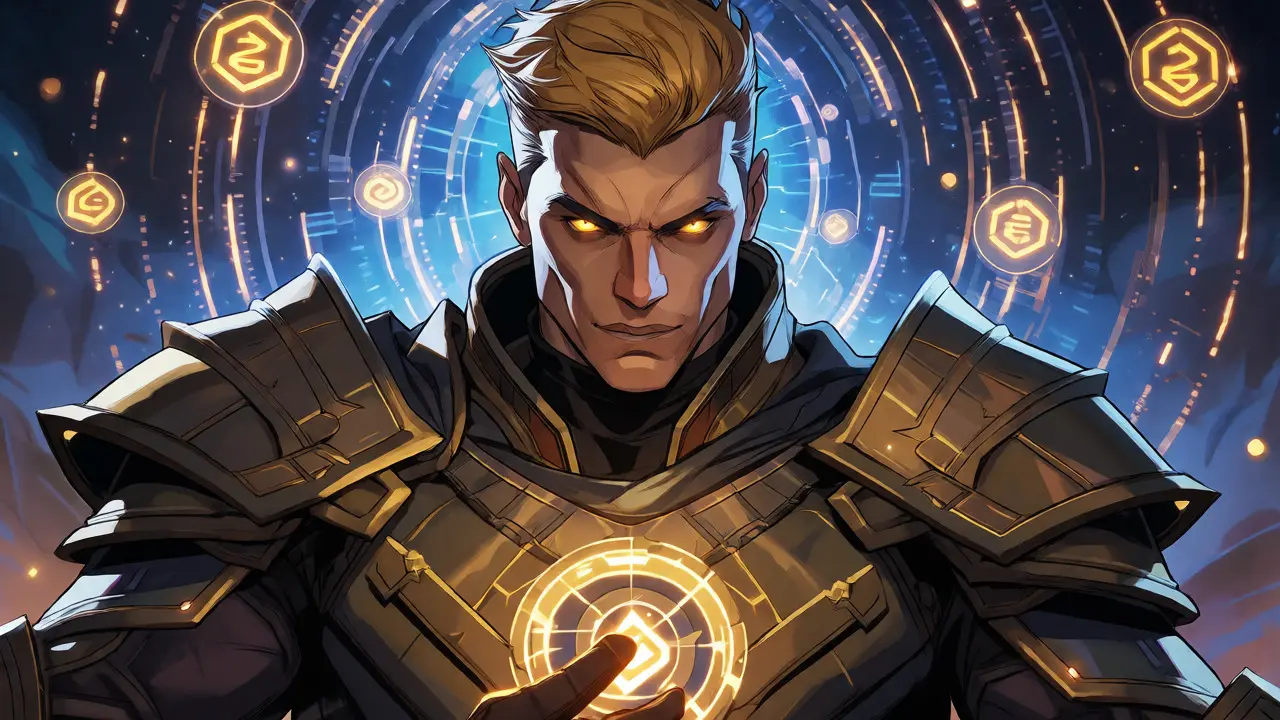 Close-up of a legendary armored hero holding a glowing NFT artifact.