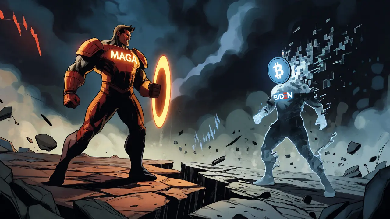 Comic book battle between a strong MAGA coin avatar and a fading Biden coin ghost.
