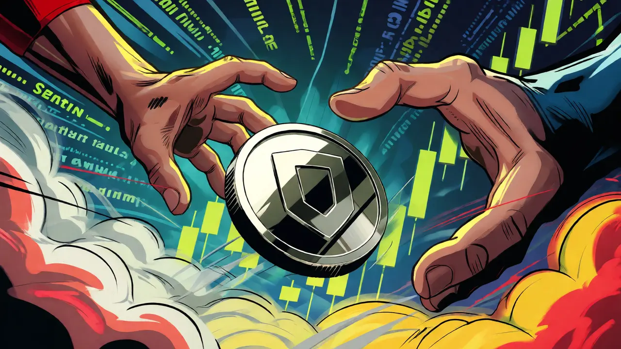 Comic illustration of a governance token caught in a volatile market storm.