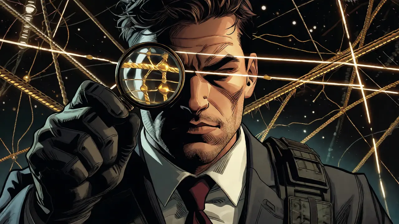Comic style investor examining a glowing web of revenue and speculation threads.