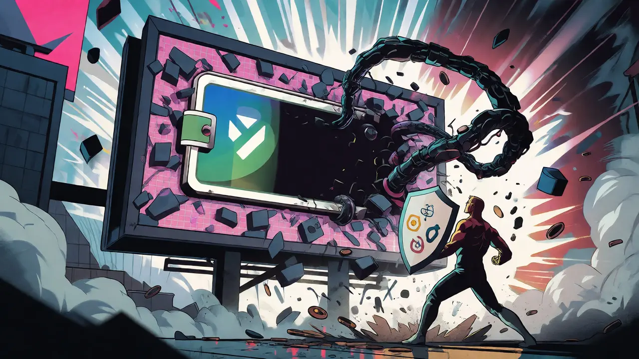 Digital billboard shattering as robotic tendrils drain a crypto wallet