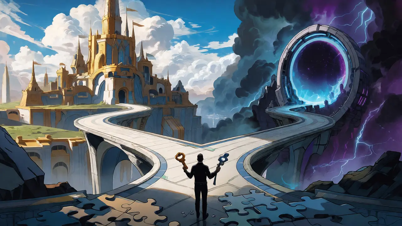 Figure choosing between a golden castle and a glowing portal at a crossroads.