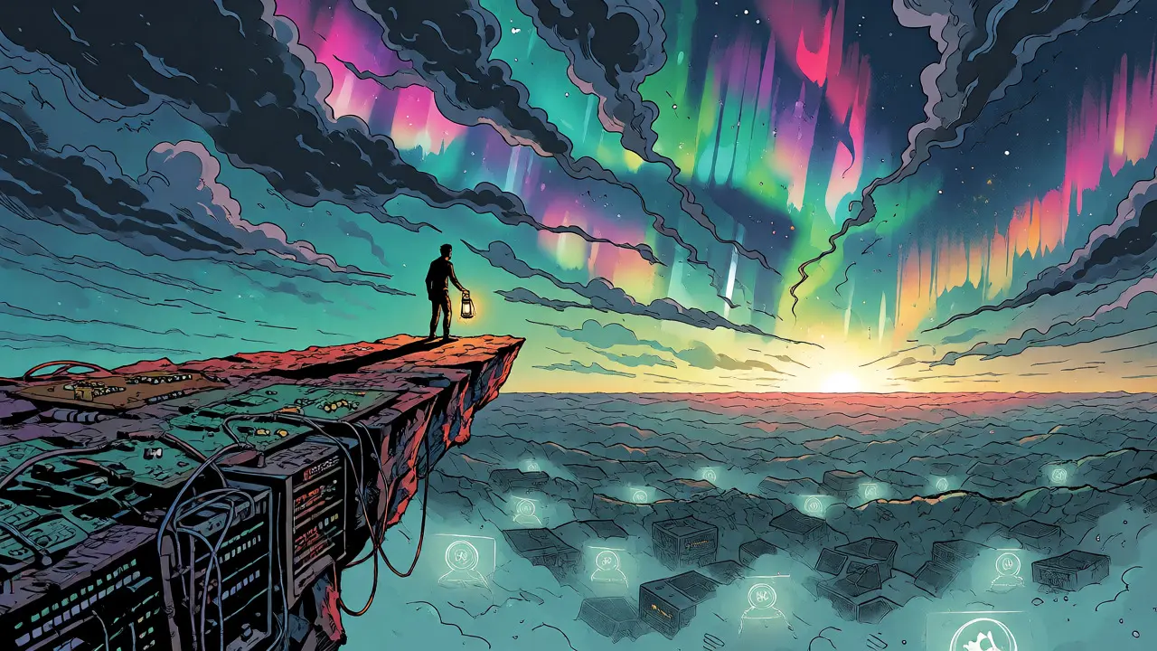 Figure on a tech cliff overlooking a volatile market horizon