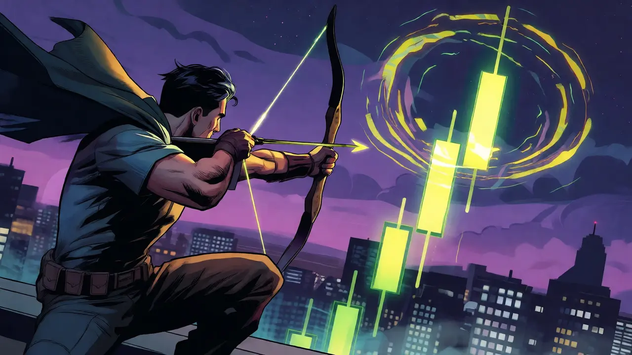 Focused swing trader aiming at a rising chart target from a high ledge in comic art.