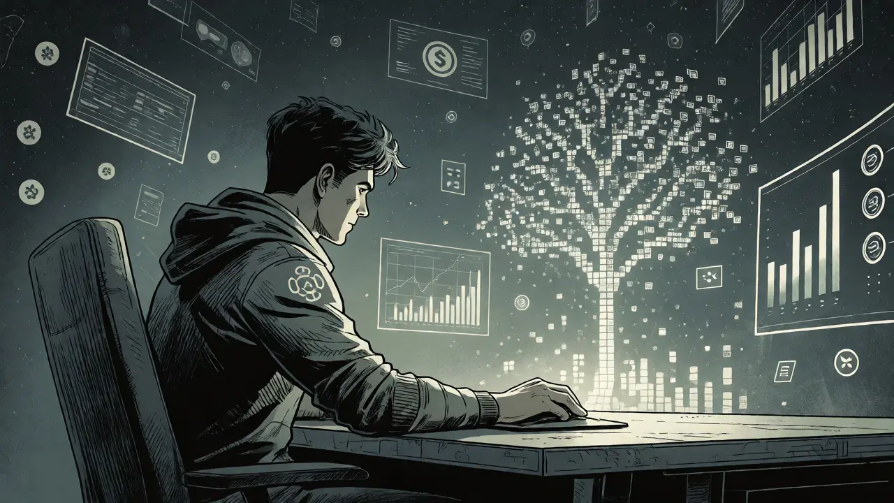 Futuristic gamer analyzing holographic GameFi data, reflecting on the legacy of blockchain gaming in 2026.