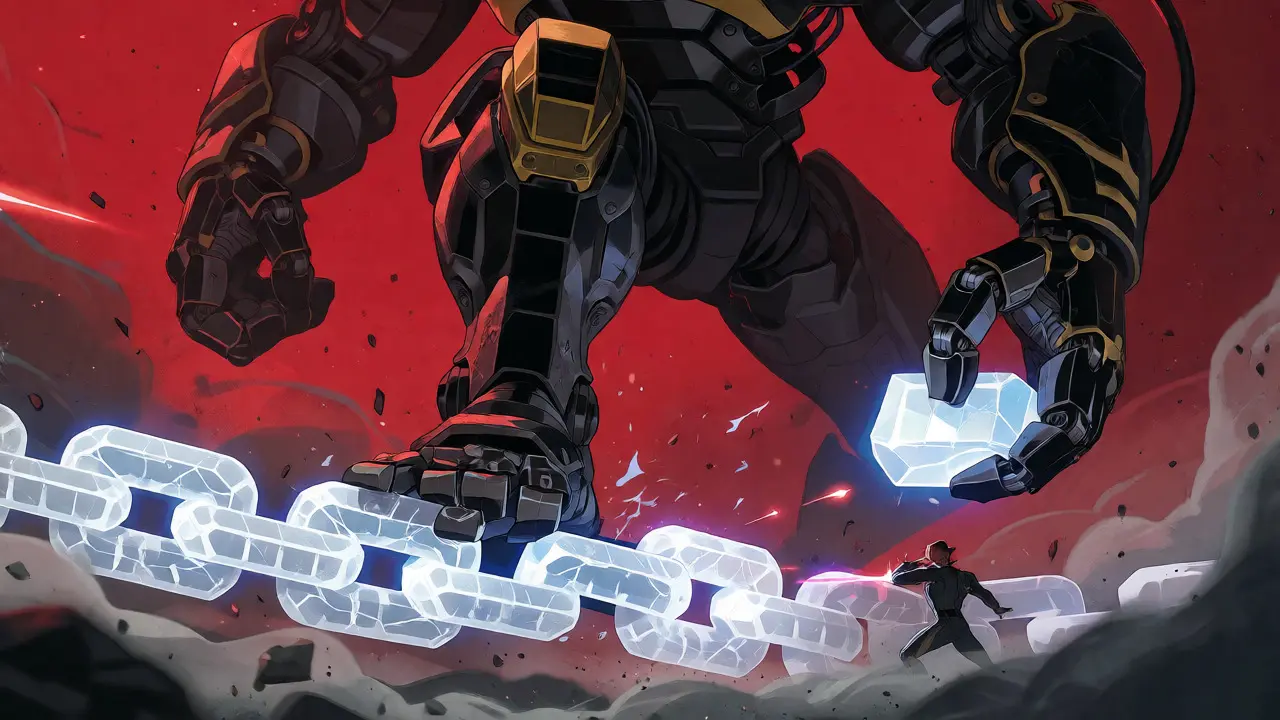 Giant robot crushing a blockchain crystal structure during an attack.