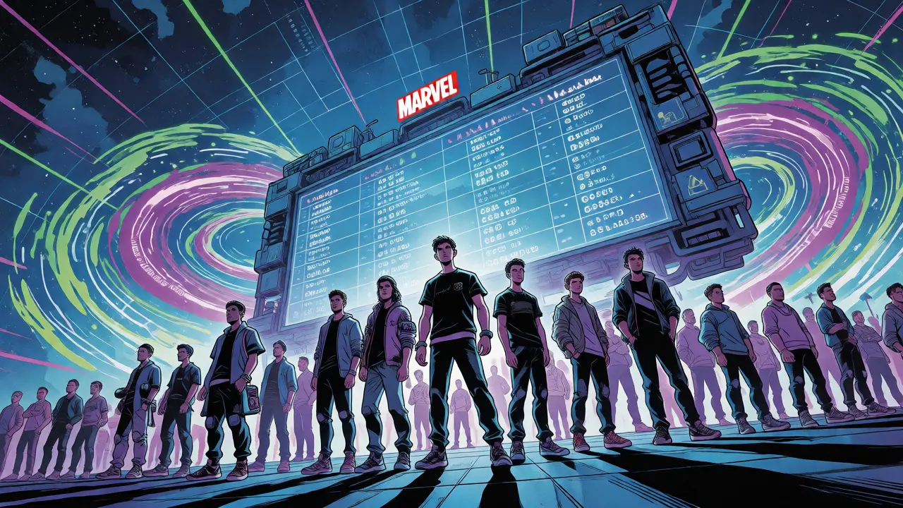 Group of gamers standing before a holographic scoreboard in a digital arena.