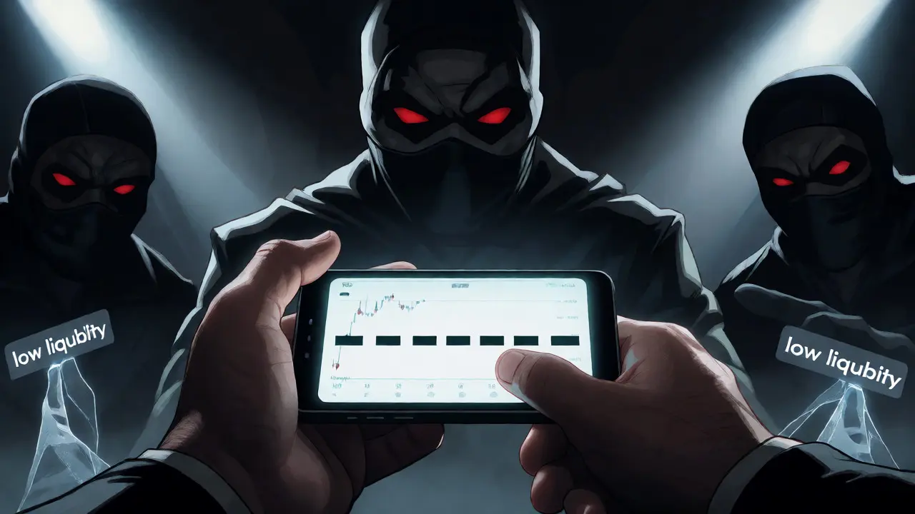 Hand holding phone with dash price line while scammer shadows loom.
