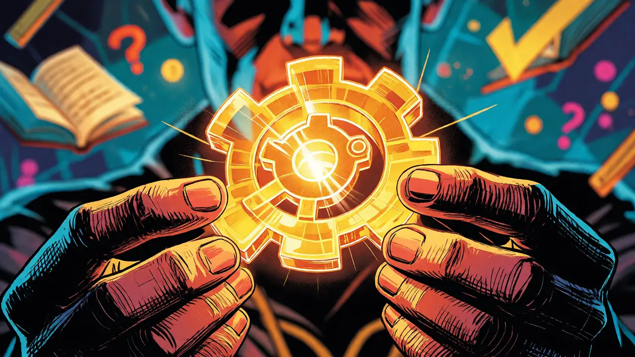 Hands holding a glowing digital token surrounded by educational symbols.