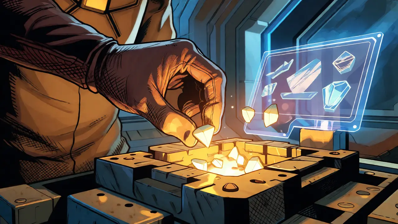 Hero crafting glowing items at a futuristic sci-fi forge.