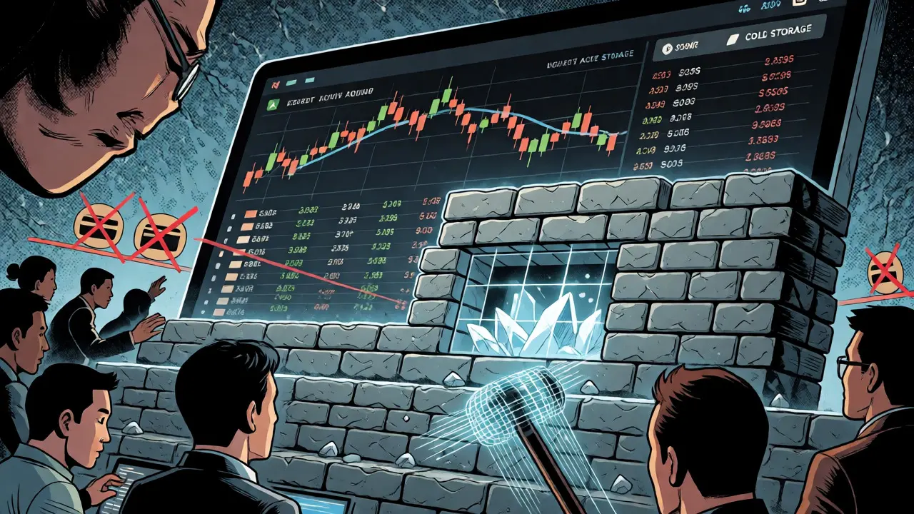 Heroic depiction of GMO Coin as a secure fortress protecting assets from casual market chaos.
