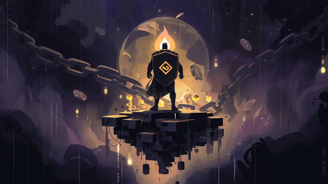 Lone guardian on a floating data island protecting a small flame in a dark cosmic void.
