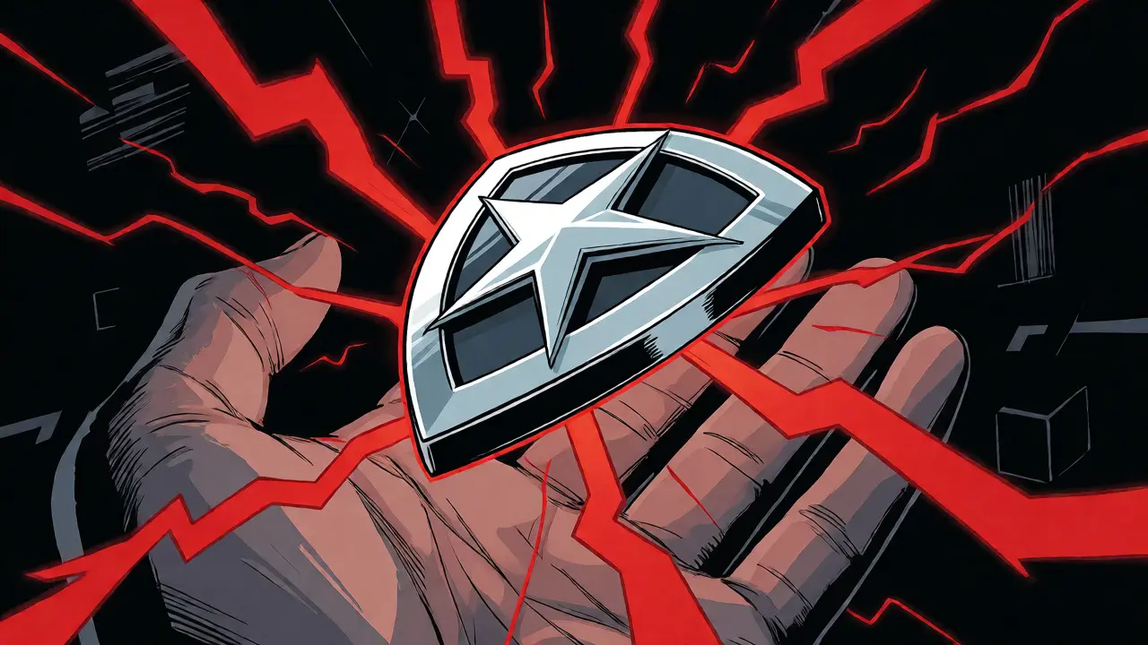 Metallic token shield blocking red scam lightning bolts