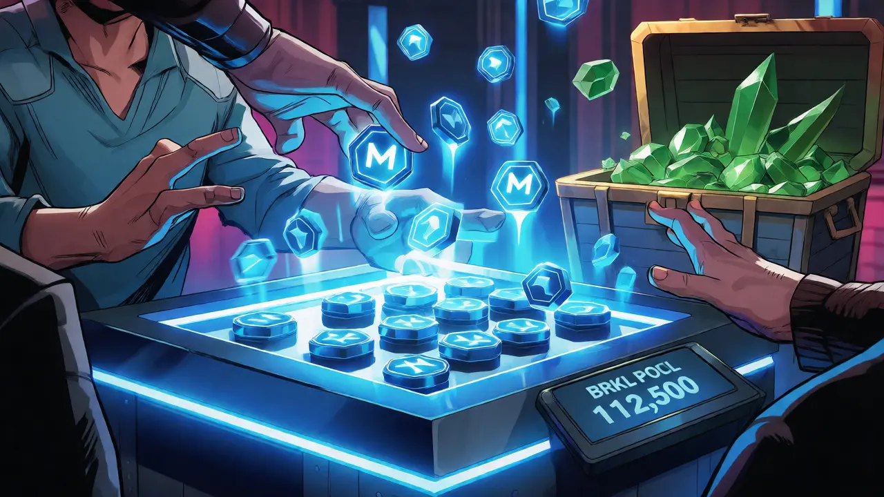 Neon voting arena with MX tokens casting votes for BRKL rewards