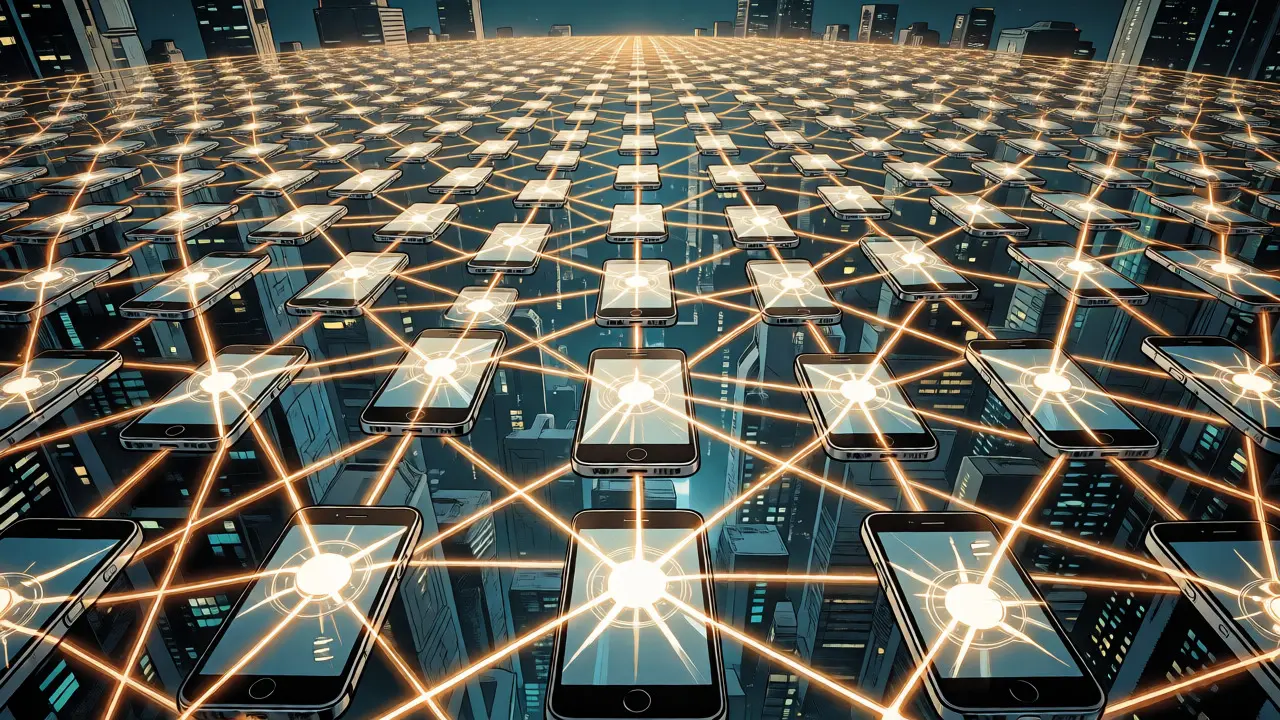 Network of connected smartphones forming a glowing grid
