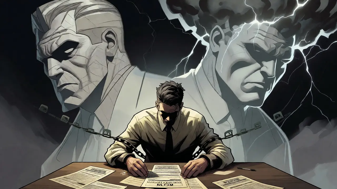 Overwhelmed trader bound by chains under looming figures of central bank and market volatility.
