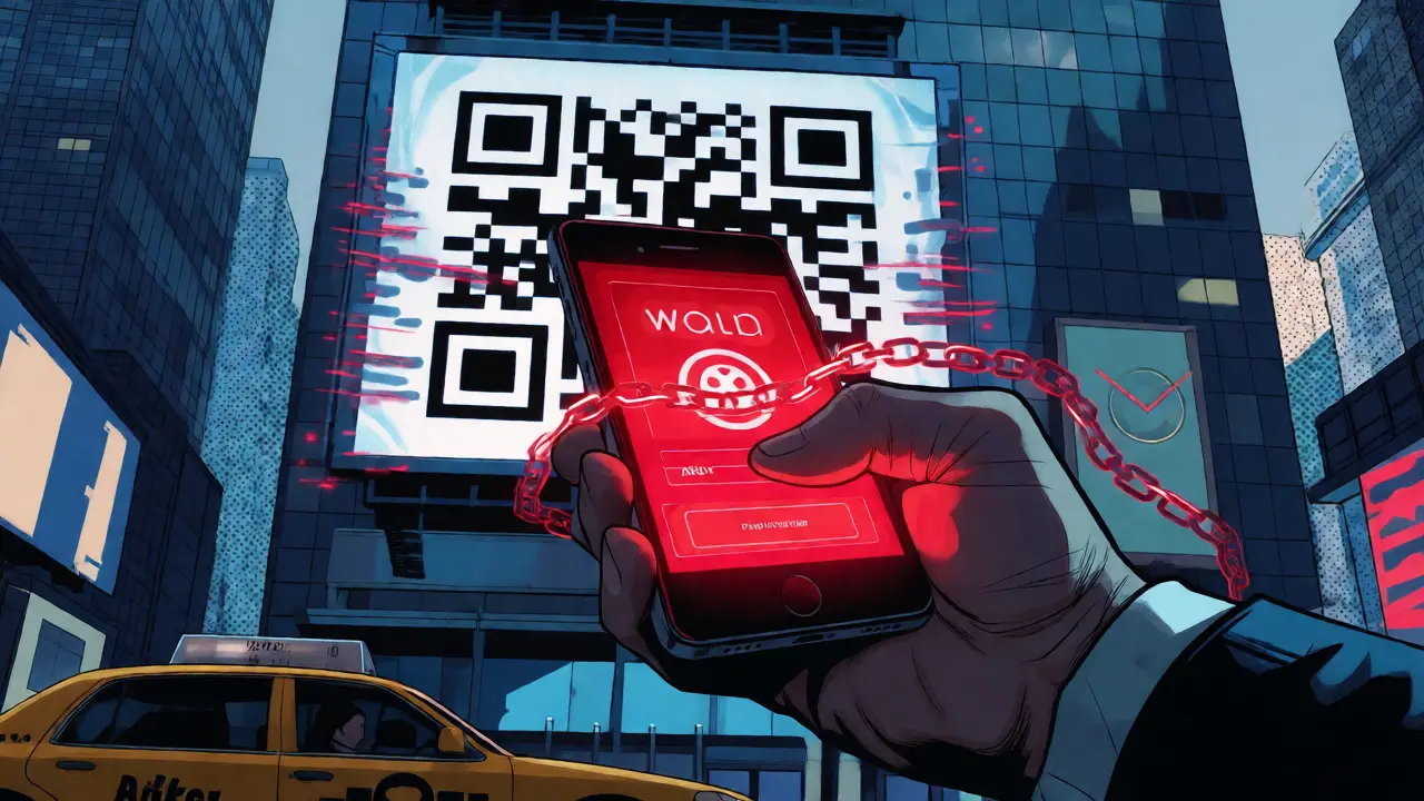Person holding a phone near a QR code on a billboard with ominous red lighting