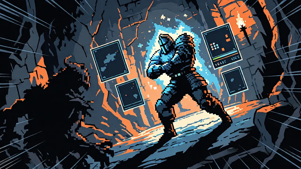 Pixel-art hero battling a monster in a dungeon, showcasing Faraland's NFT RPG mechanics in comic style.