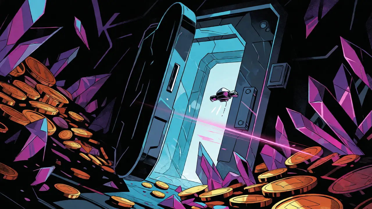 Small drone scans a mysterious, slightly open vault door representing uncertain crypto security in comic art.