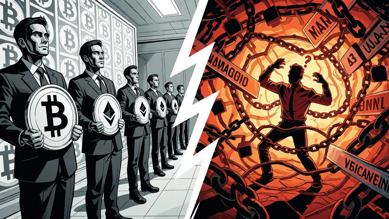 Split-scene comic art contrasting strict Japanese regulation with international user frustration.