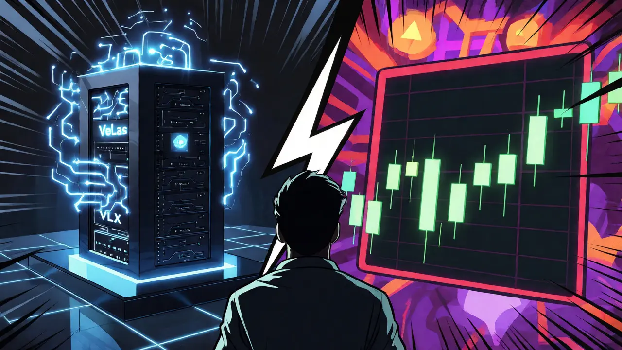 Split screen comparing Velas blockchain and Vela Exchange in comic art.