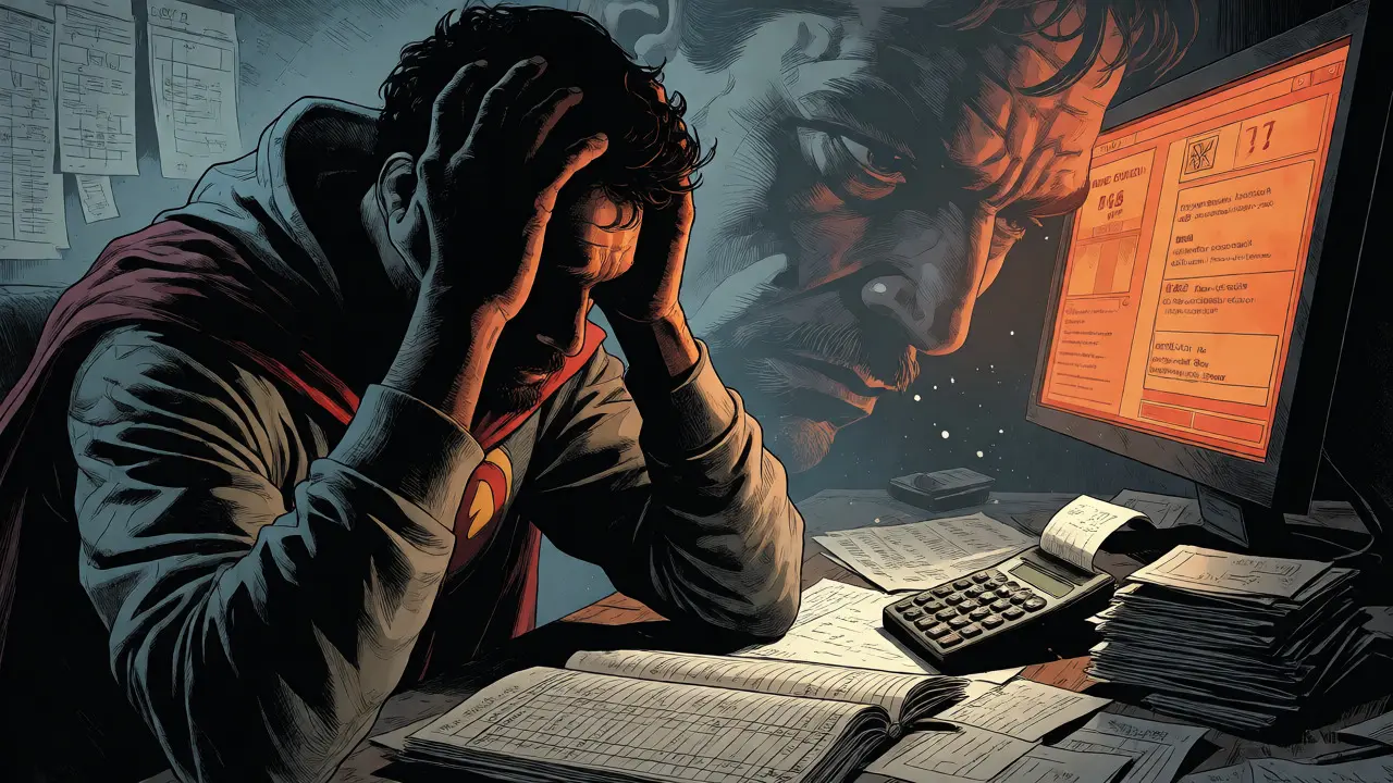 Stressed trader overwhelmed by tax paperwork and audit pressures