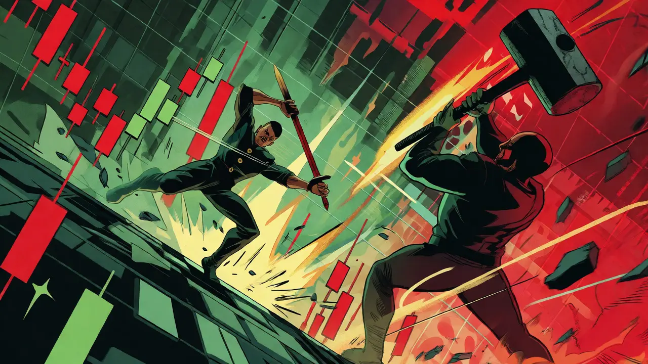 Trader fighting fee monsters amidst a chaotic chart-based cityscape.
