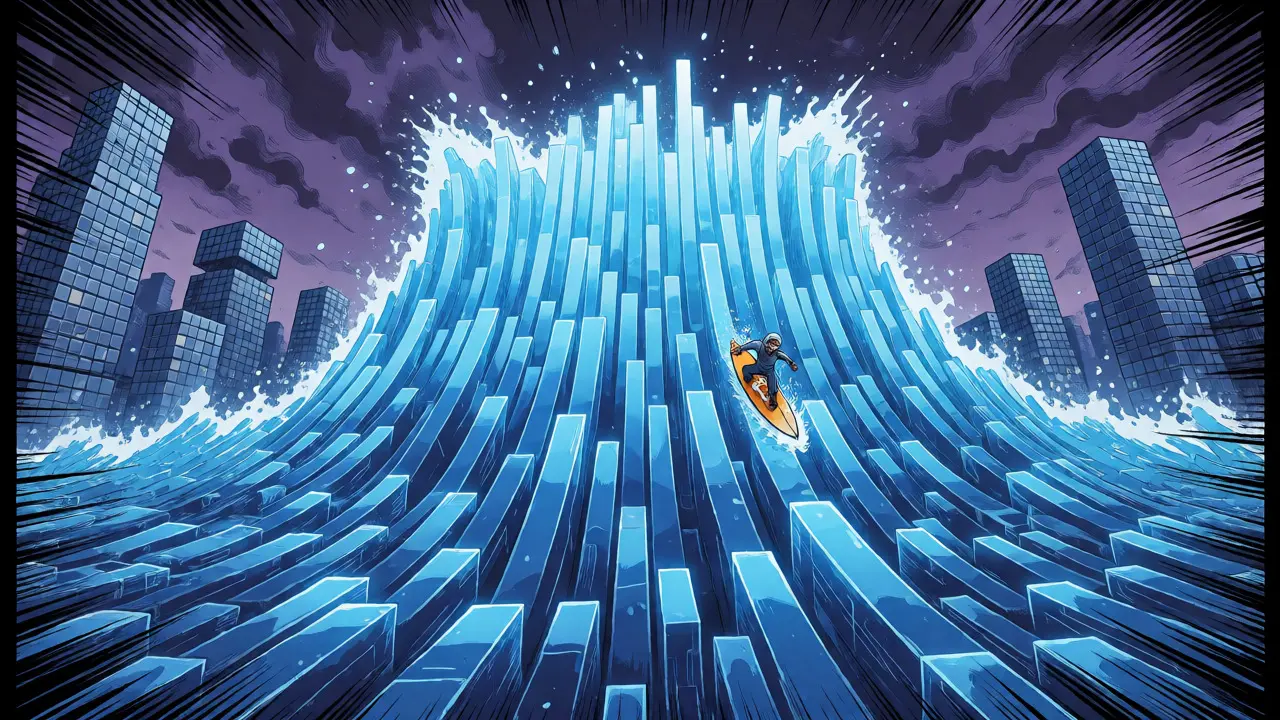Trader surfing a massive wave of blue volume bars through a crypto cityscape.