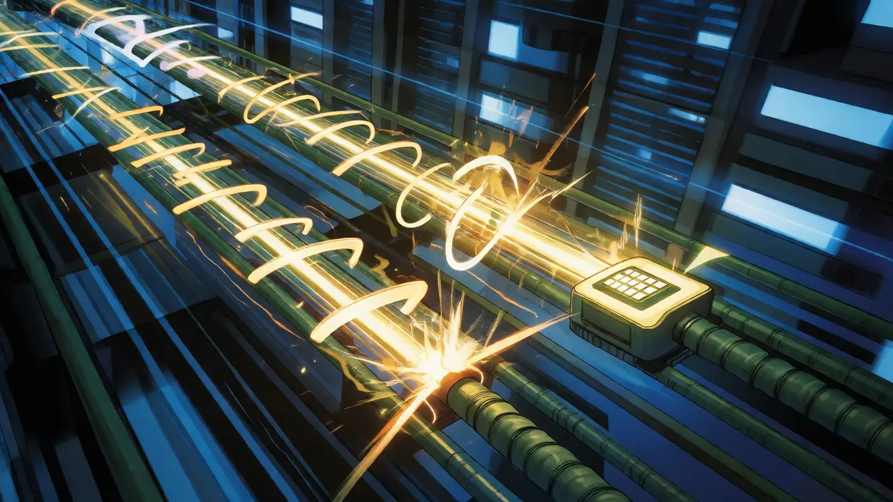 Two data streams racing along digital cables in a high-speed chase.