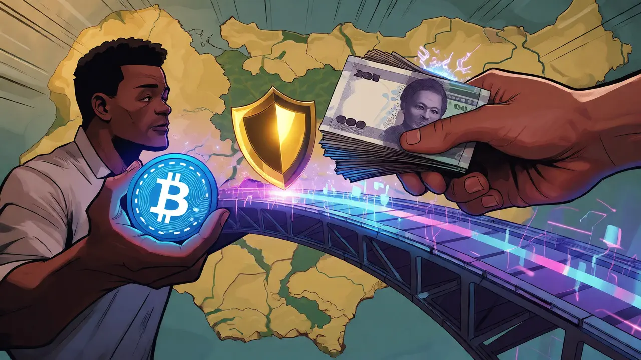 Two people exchanging Naira for Bitcoin via digital bridge